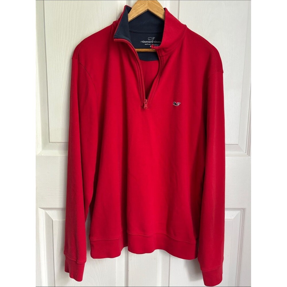 Vineyard Vines Men’s Bright Red Quarter-Zip Pullover with Navy Trim Size Medium